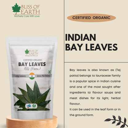 Bliss of Earth Certified Organic Indian Bay Leaves With Zero Pin Holes & Zero Dust, A1 Grade Tej Patta With Uniform Green Color, 50gm