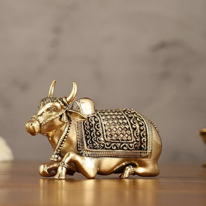 Mridaya Premium Brass Nandi Statue, Gatekeeper of Shiva and Parvati, 4 cm Sacred Bull god, Shiv Sevak, Cow God Statue | House Warming Gift Home Decor | Table top Decor