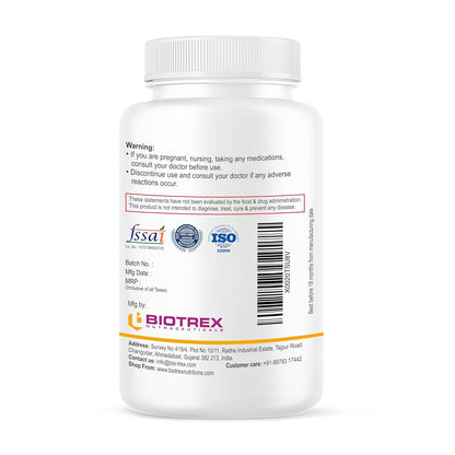 Biotrex Nutraceuticals Magnesium Glycinate | Highest Bioavailability | Cramps, Sleep & Mood balance | Chelated Form With Superior Absorption | Muscle Recovery & Nerve Function | 120 Veg Capsules
