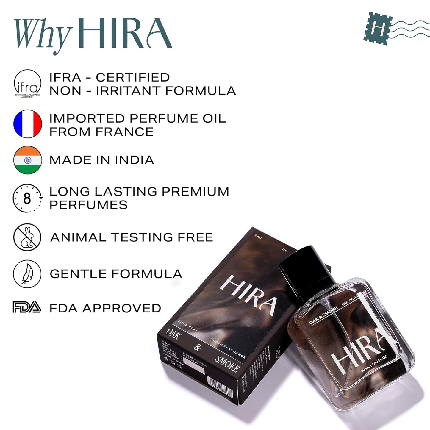 HIRA perfume bottle and packaging with certification details on a white background