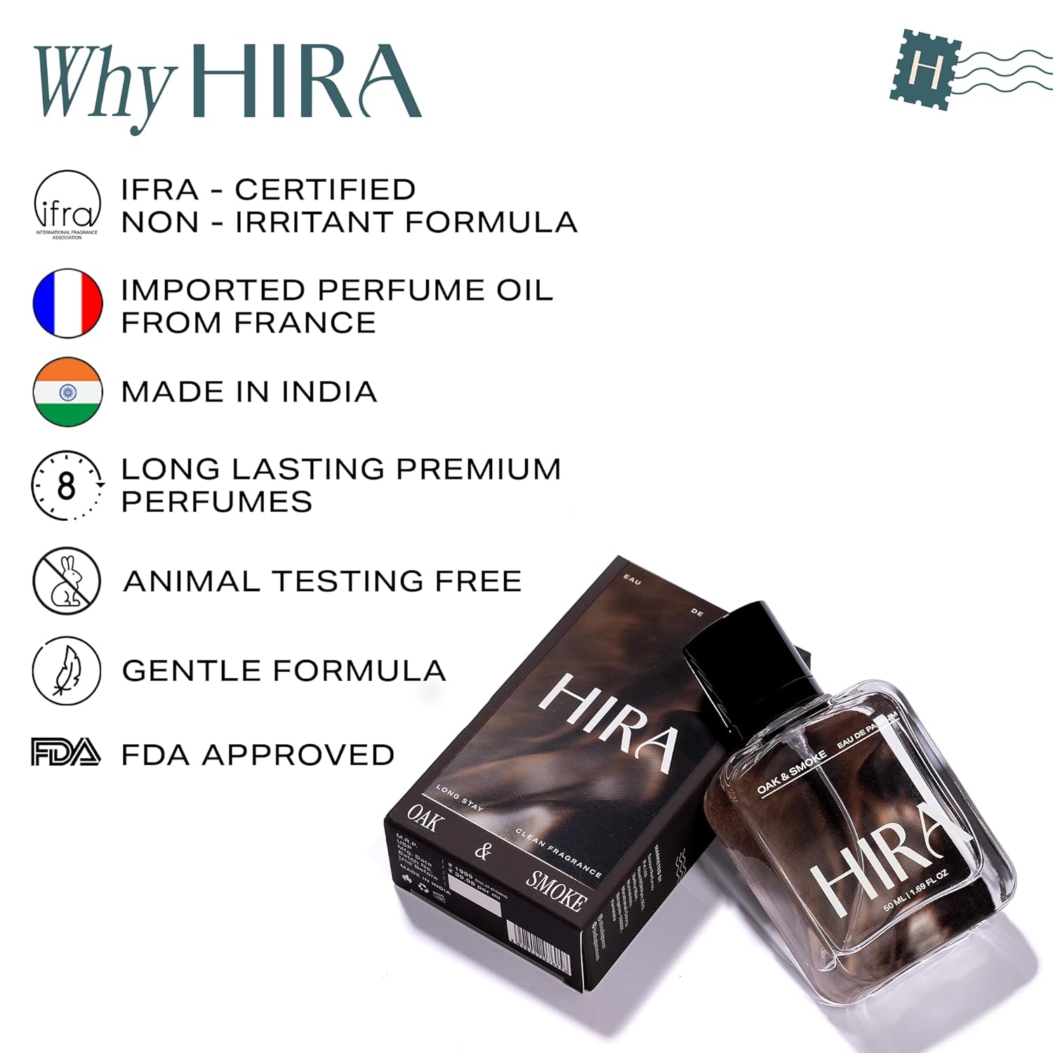 HIRA perfume bottle and packaging with certification details on a white background
