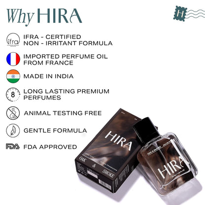 HIRA perfume bottle and packaging with certification details on a white background