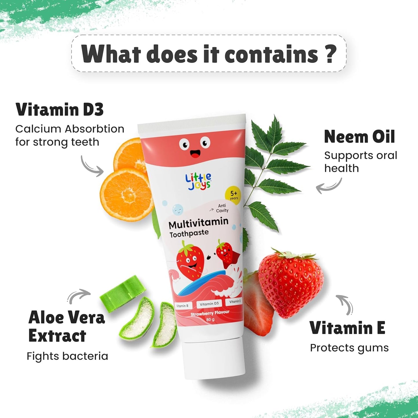 Little Joys Multivitamin Cavity Protection Toothpaste 80G|For 5+ Years Kids|Strawberry Flavour|With Vitamin A, D3 & E|Fights Germs & Cavity