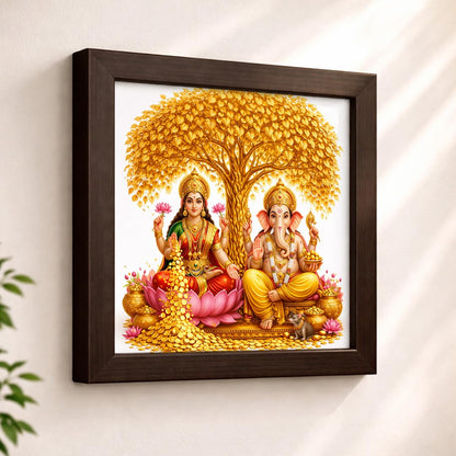 Laxmi Ganesha Gold Coin Golden Tree Money Magnet Vastu Prosperity Hindu Spiritual Mandir Religious Framed Poster Artwork Decor Painting