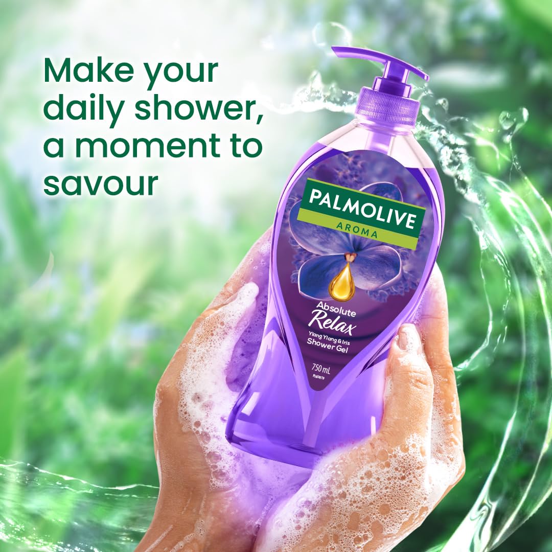 Palmolive Aroma Absolute Relax Body Wash, Gel Based Shower Gel with 100% Natural Ylang Ylang Essential Oil & Iris Extracts - pH Balanced, No Parabens, No Silicones, 750ml Pump
