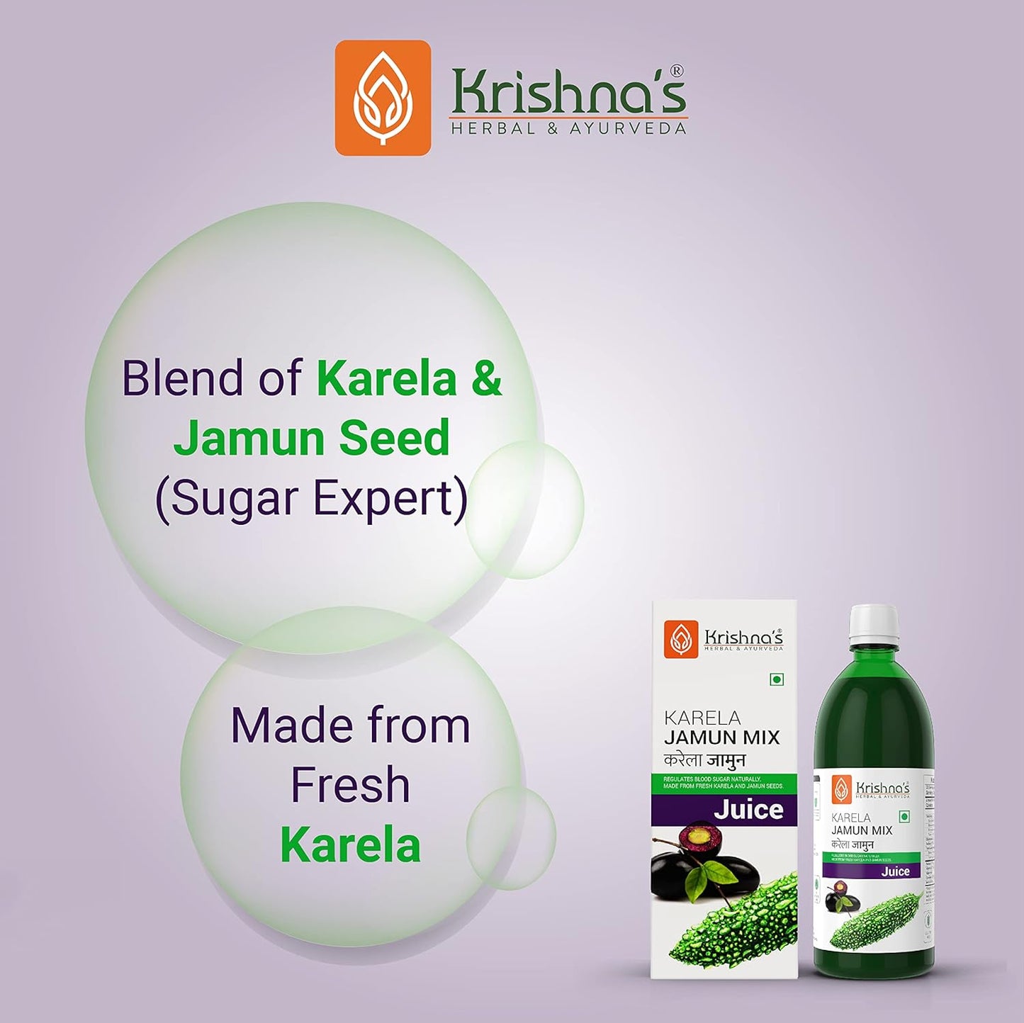 Krishna's Karela Jamun Mix Juice - 1000 ml | Fresh Karela & Jamun Seed | Ayurevedic Formulation to maintain Sugar Level | Enriched with Vitamin C - Vitamin A| Sugar free Juice with No Added Color or Flavour