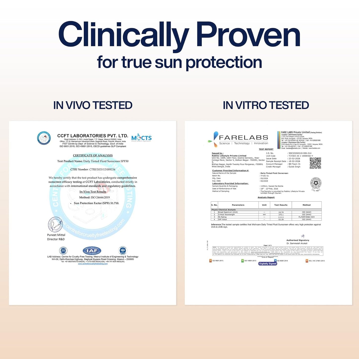 Two certification documents for sun protection with logos and text on a beige background.
