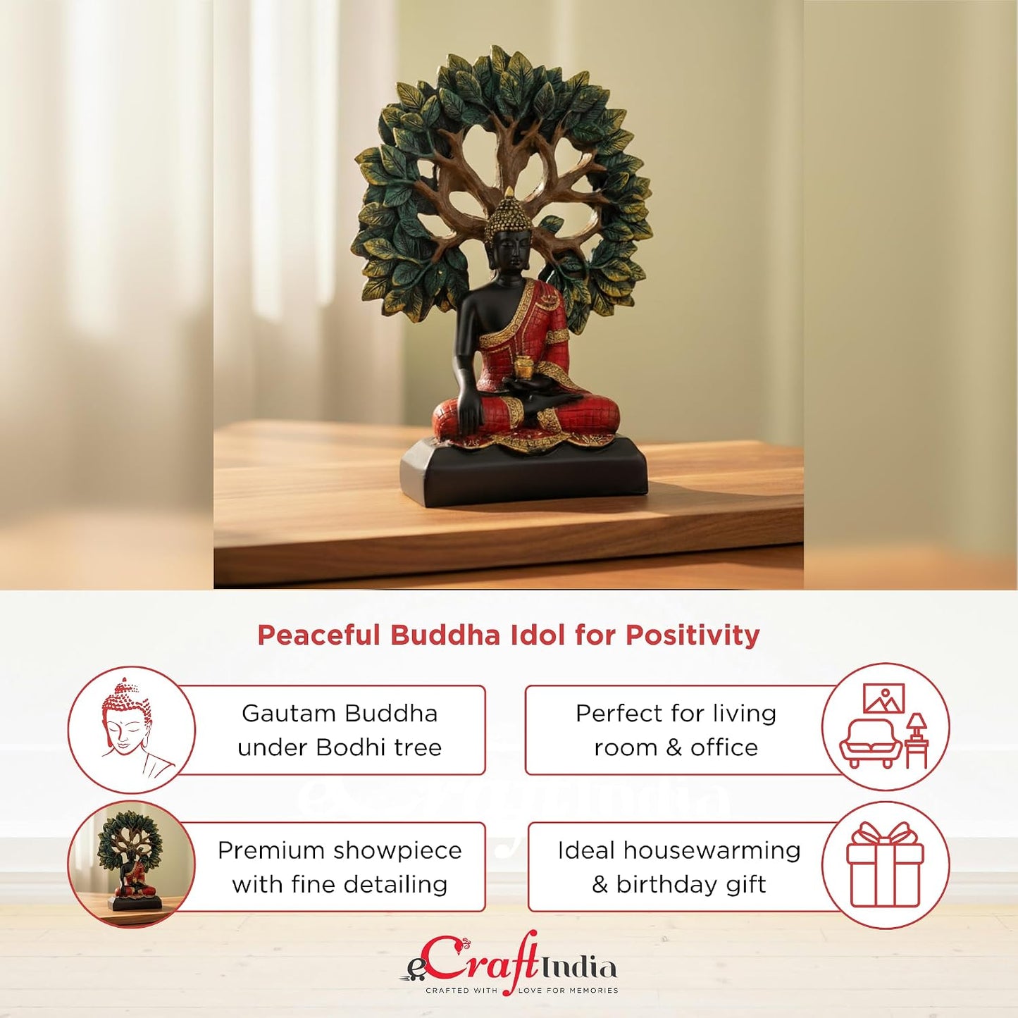 eCraftIndia Lord Buddha Idol for Home Decor Living Room | Gautam Buddha Statue Under the Bodhi-Tree | Showpiece Gift for Housewarming Birthday