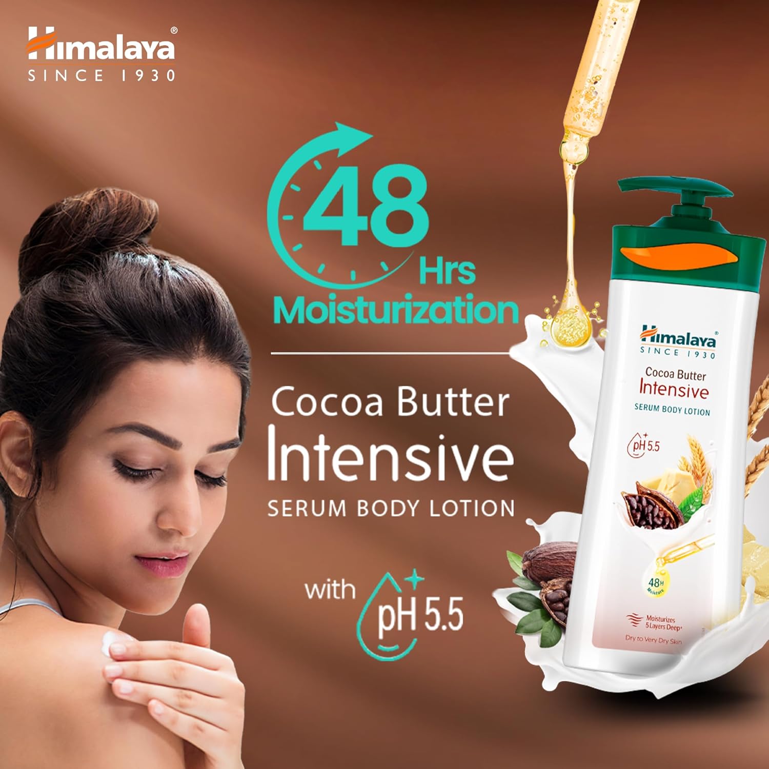 Himalaya Cocoa Butter Intensive Serum Body Lotion with a woman applying lotion on her arm, 48-hour moisturization claim, and product packaging.