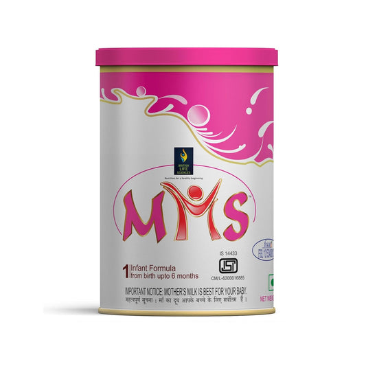 MMS infant formula canister with pink lid on a white background