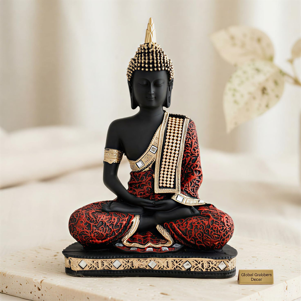 New Limited Edition 25 Centimetre Meditating Sitting Buddha Idol Statue showpiece Home Decor Decoration Items for Living Room and Gifts (Red Black)