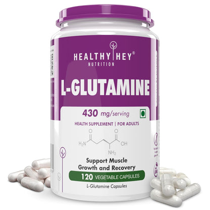L-Glutamine supplement container with purple lid and white body on a white background