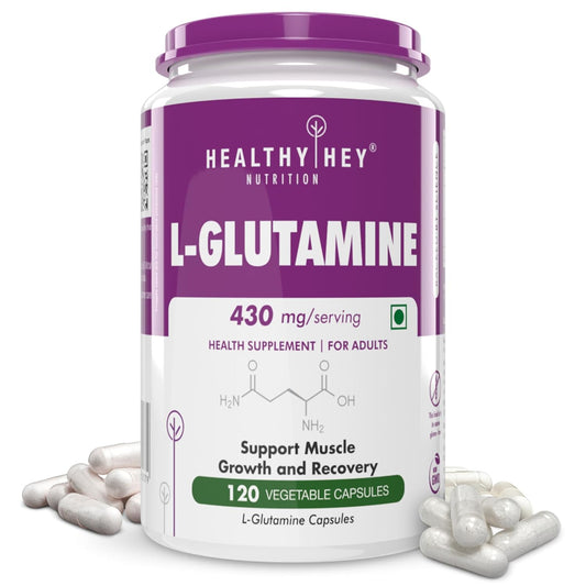 L-Glutamine supplement container with purple lid and white body on a white background