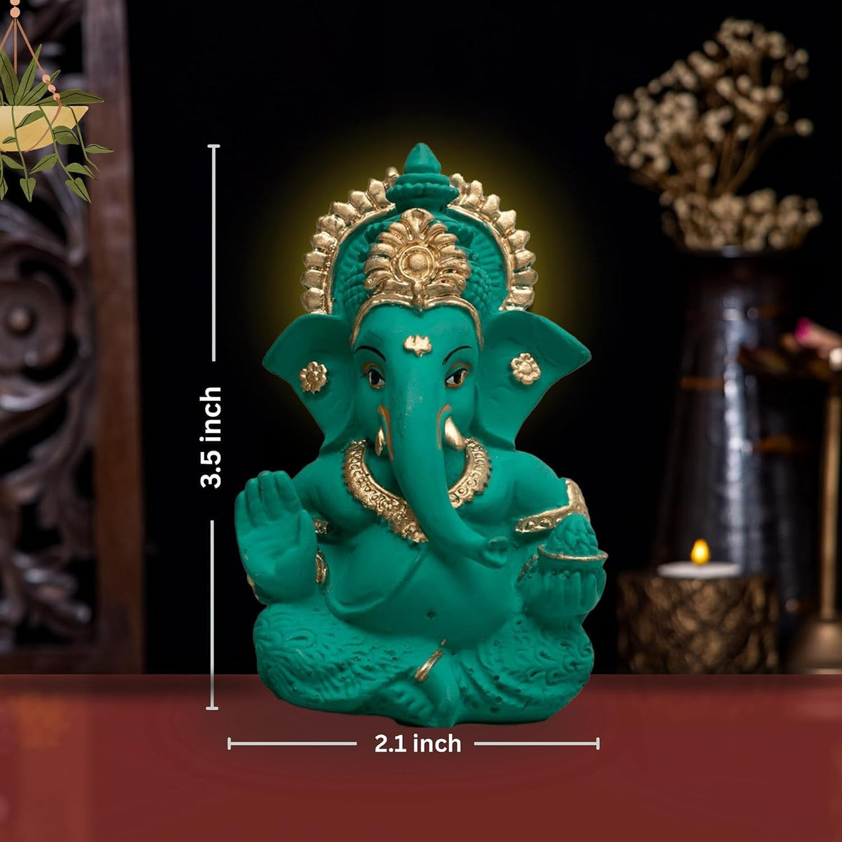 Lord Ganesha Idol for Car Dashboard, Home Temple & Office Decor | Gold Plated Resin Ganpati Murti for Puja, Mandir, Vastu, Diwali, Housewarming Gift | 3.5 Inch | Pack of 1 (Green)