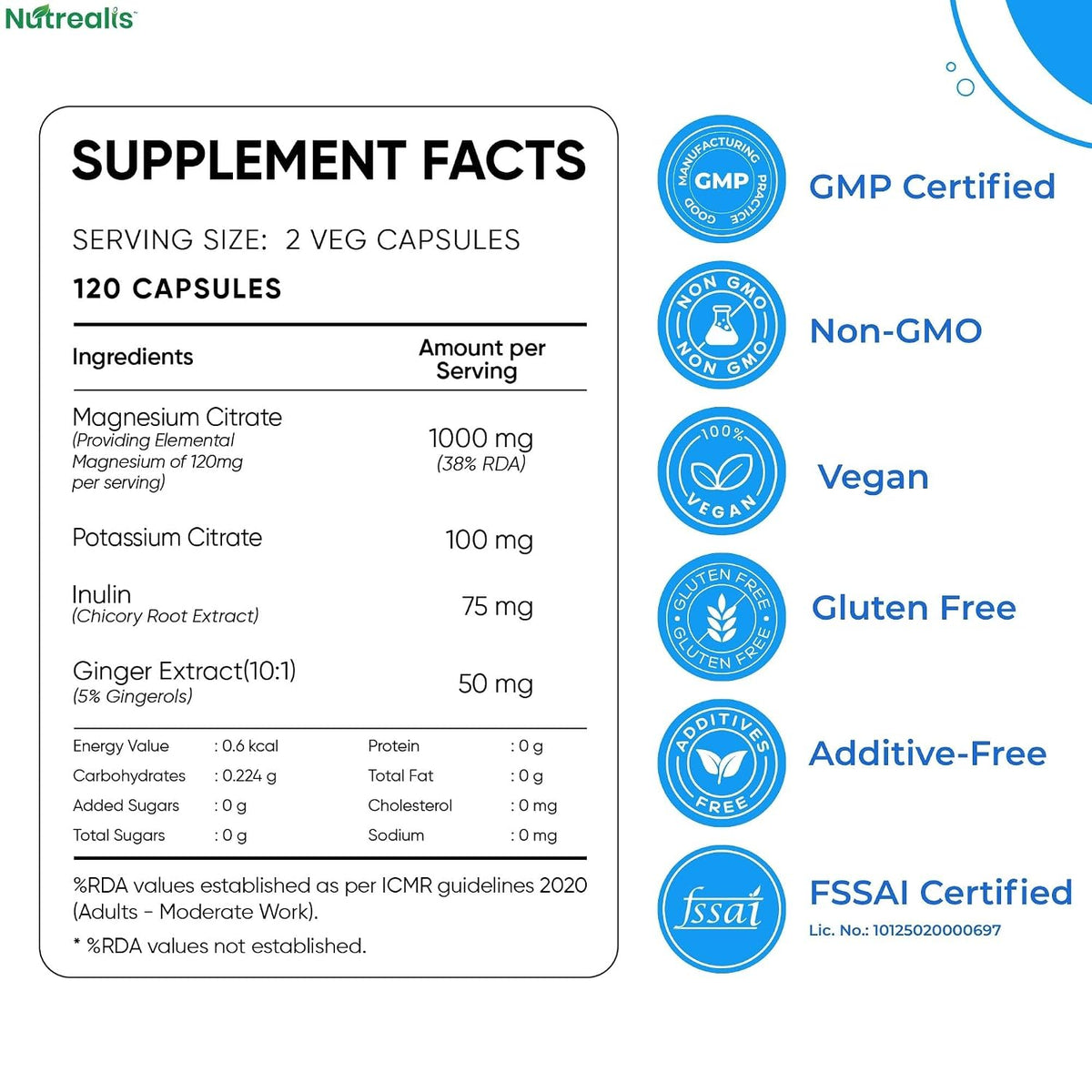 Nutrealis Magnesium Citrate 1000mg | 120 Veg Capsules | Magnesium Supplement with Potassium, Inulin & Ginger | Electrolyte, Muscle, Nerve, Digestion & Energy Support
