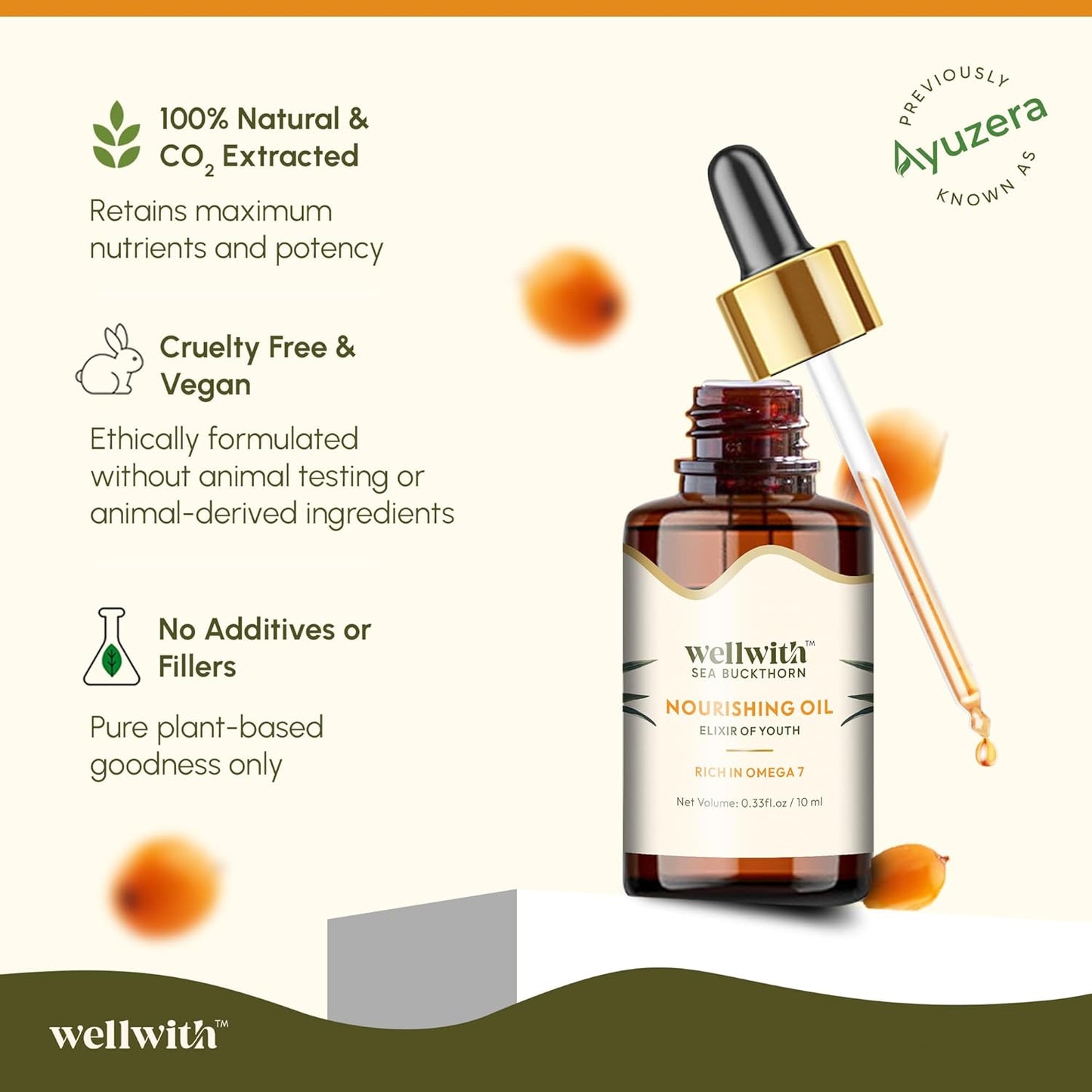 Wellwith (Ayuzera) Sea Buckthorn Berry Oil 10ml | Face & Hair Serum | Nourishing Oil | Omega 3,6,7 & 9 | Collagen Boosting | Dull Skin & Fine Lines & Dark Spots | For Smooth, Glowing Skin (Pack of 1)