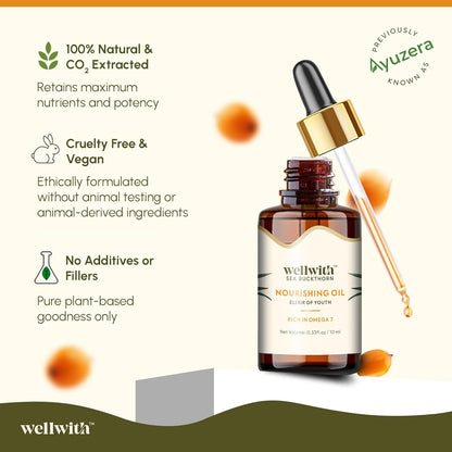 Wellwith (Ayuzera) Sea Buckthorn Berry Oil 10ml | Face & Hair Serum | Nourishing Oil | Omega 3,6,7 & 9 | Collagen Boosting | Dull Skin & Fine Lines & Dark Spots | For Smooth, Glowing Skin (Pack of 1)