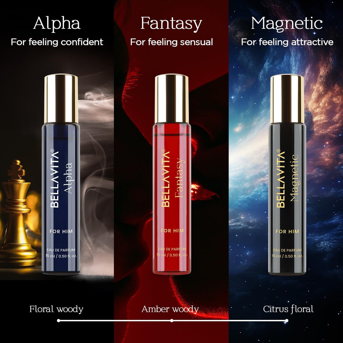 Three BellaVita cologne bottles labeled 'Alpha', 'Fantasy', and 'Magnetic' with descriptive text and background images.
