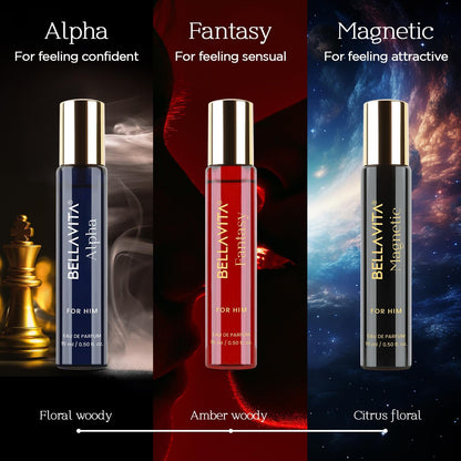Three BellaVita cologne bottles labeled 'Alpha', 'Fantasy', and 'Magnetic' with descriptive text and background images.