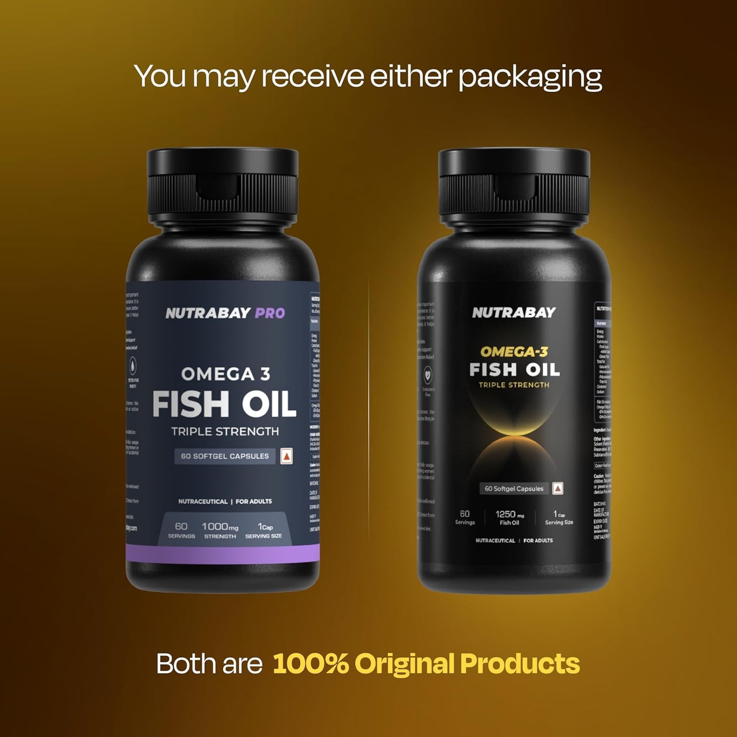 Two bottles of Nutrabay Omega-3 Fish Oil on a brown background with text about packaging options.