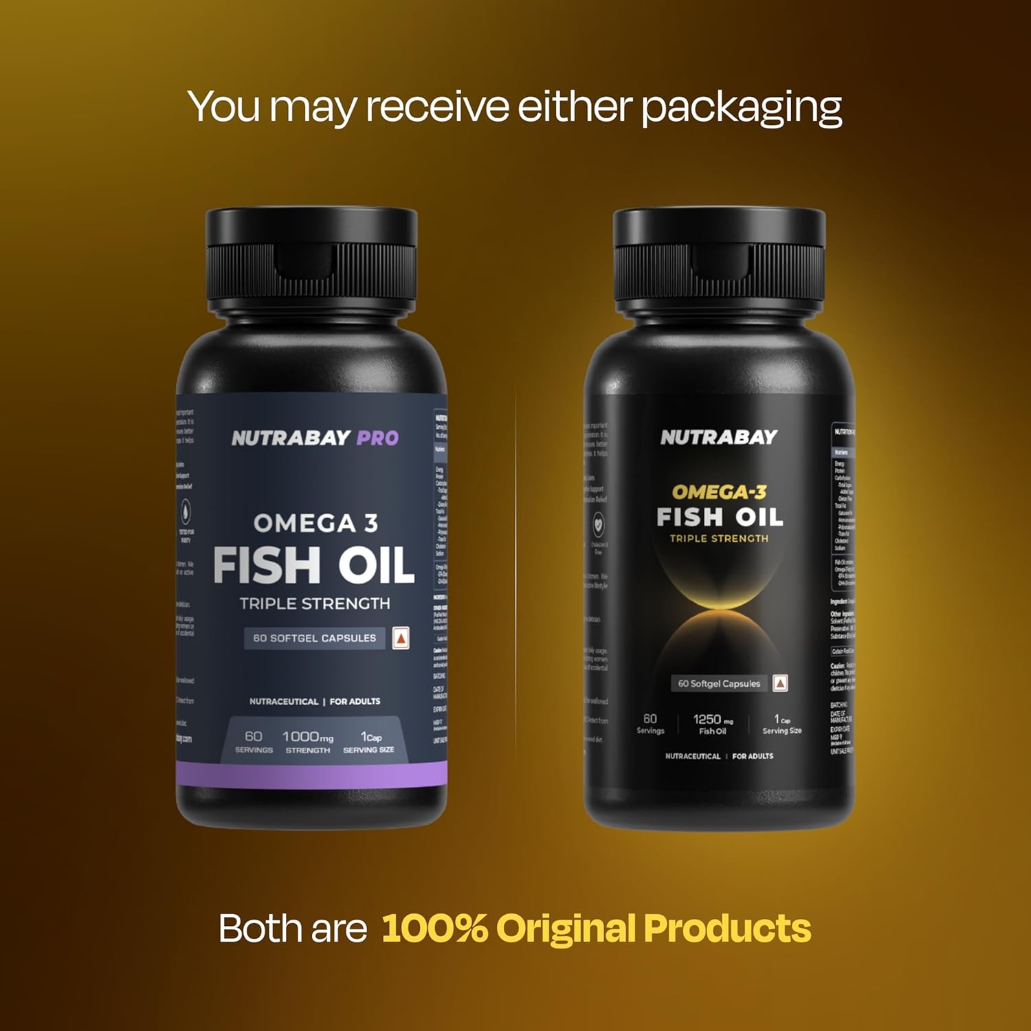 Two bottles of Nutrabay Omega-3 Fish Oil on a brown background with text about packaging options.