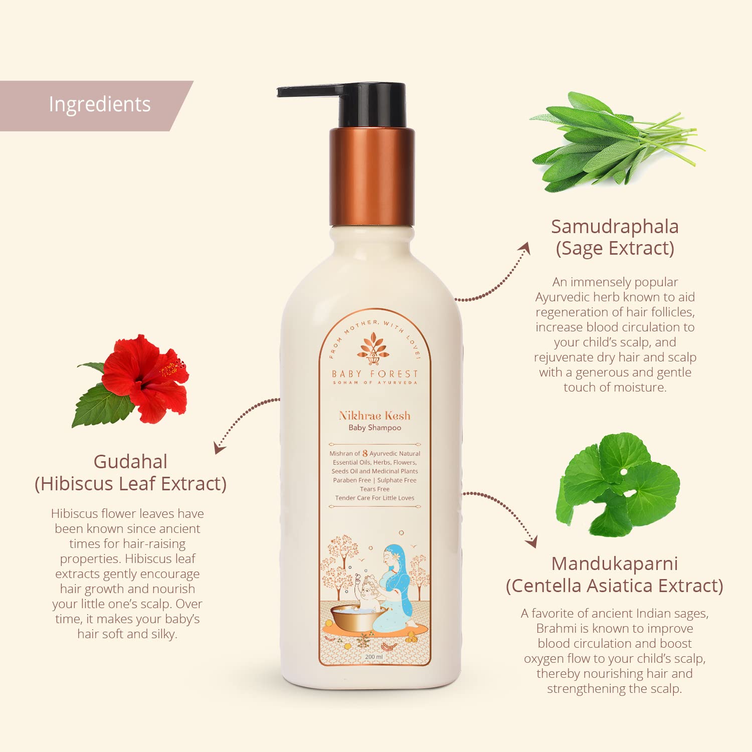 Baby shampoo bottle with ingredients listed on a beige background