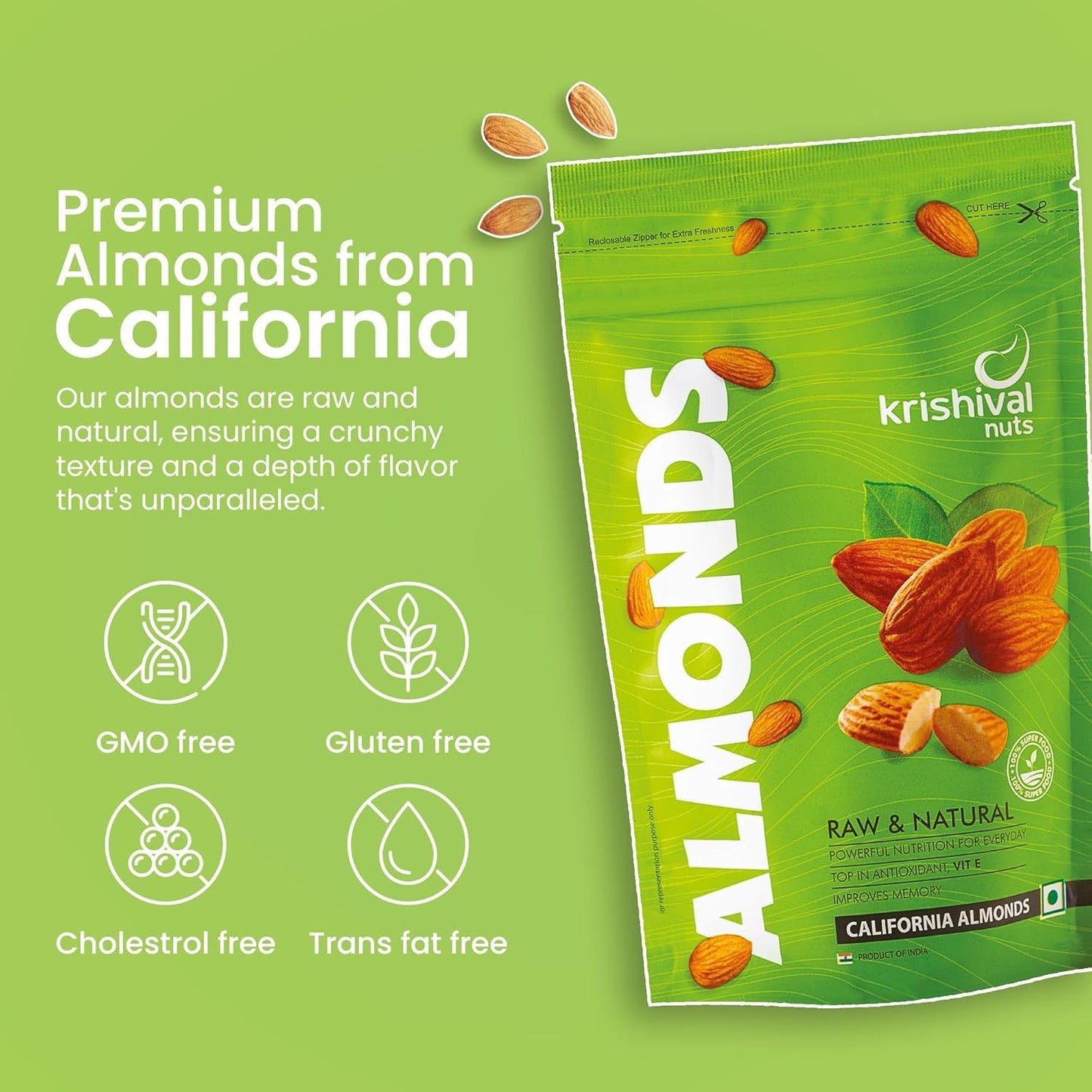 KRISHIVAL NUTS 100% Natural Premium California Almonds pack of 1 | Premium Roasted Badam | High in Fiber & Boost Immunity | Unflavoured | Gluten Free