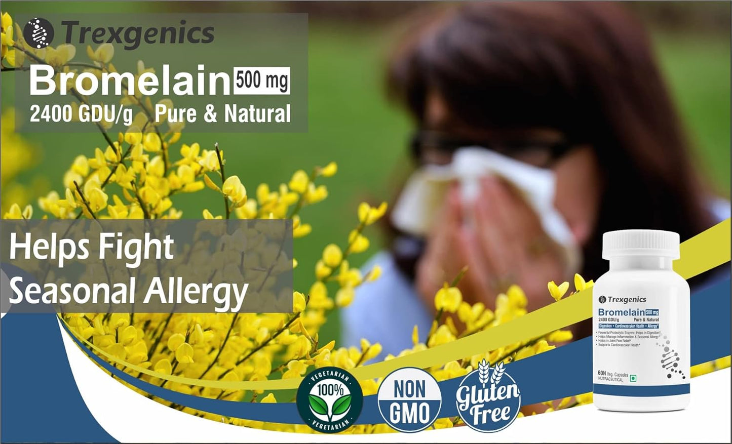 Trexgenics BROMELAIN 500 mg 2400 GDU/gm Natural Digestion, Joint Health Support VEGAN & NON-GMO (60 Veg. Capsules) (Pack of 1)