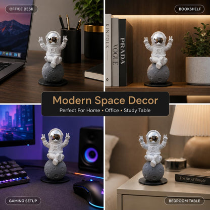 Astronaut Figurine Showpiece for Home Décor, Office Desk, Car Dashboard & Table Decoration | Space Astronaut Statue Collectible Gift for Home, Room & Workspace (Sitting on Moon Silver Large)
