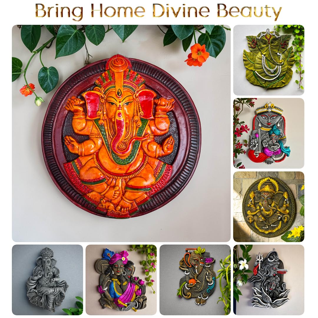 Ganesh Ji Wall Hanging Terracotta Murti Idol | Ganpati Bappa Ganesha Hand-Painted Spiritual Wall Hanging for Door Entrance, Temple, Mandir, Home & Office Decor | Spiritual Gift (19x19 CM)