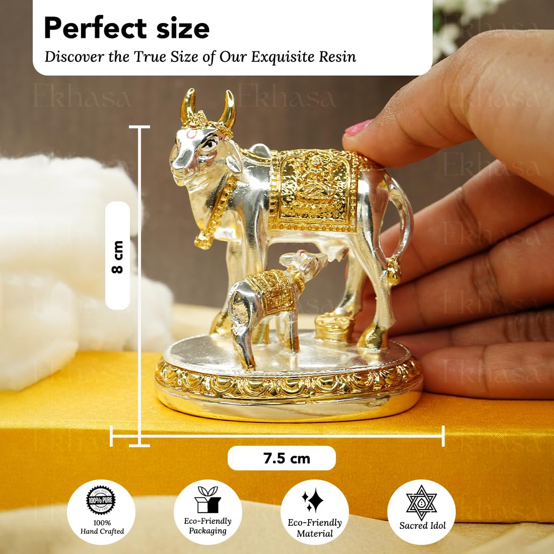 24 Carat Gold and 999 Silver Plated Kamdhenu Cow with Calf Vastu Idol | Gomatha Statue for Pooja | Silver Cow Calf Idol for Home Decor, Feng Shui, Good Luck, Gift for Griha Pravesh Ceremony