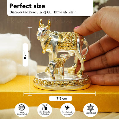 24 Carat Gold and 999 Silver Plated Kamdhenu Cow with Calf Vastu Idol | Gomatha Statue for Pooja | Silver Cow Calf Idol for Home Decor, Feng Shui, Good Luck, Gift for Griha Pravesh Ceremony