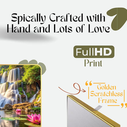 Lotus Waterfall Wall Painting for Living Room | Vastu Positive Energy Wall Decor | Premium UV Printed Nature Scenery Artwork for Home, Bedroom, Office Decoration | Waterproof & Fade Resistant Ready to Hang (Style-04, 12x18 inch)