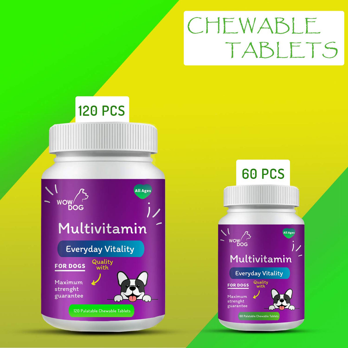 WOW DOG Multivitamin Tablet Dog Supplement 120 Pieces for Dogs with Essential Vitamins & Minerals for Healthy Skin, Heart, Brain Function | Chicken Flavour