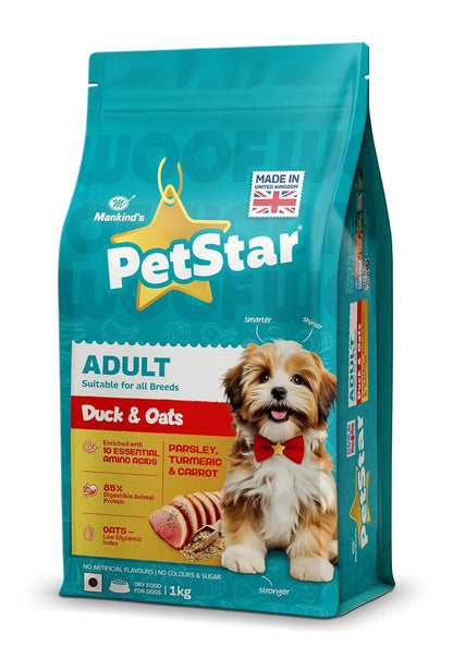 Petstar Adult Dry Dog Food 1 kg, Duck & Oats, High Protein, Easy Digestion, Immunity Support, No Artificial Flavours or Added Sugar