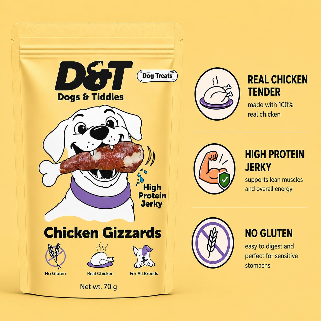 Dogs & Tiddles Chicken Gizzard Jerky Dog Treats for Puppies & Adult Dogs, 70g | Soft & Chewy High-Protein Dog Snacks | Grain-Free Training Treats | Supports Energy| Easily Digestible and Healthy