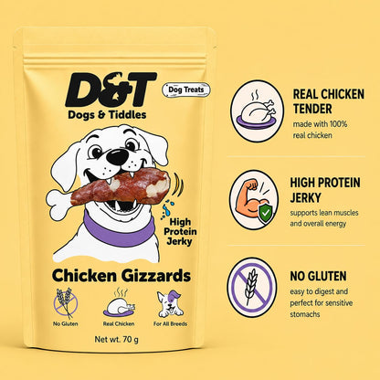 Dogs & Tiddles Chicken Gizzard Jerky Dog Treats for Puppies & Adult Dogs, 70g | Soft & Chewy High-Protein Dog Snacks | Grain-Free Training Treats | Supports Energy| Easily Digestible and Healthy