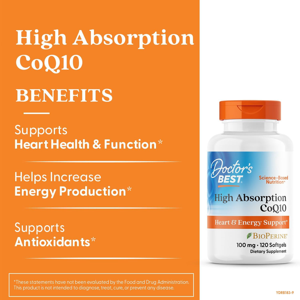 Supplement bottle labeled 'Doctor's Best High Absorption CoQ10' with benefits listed on an orange background.