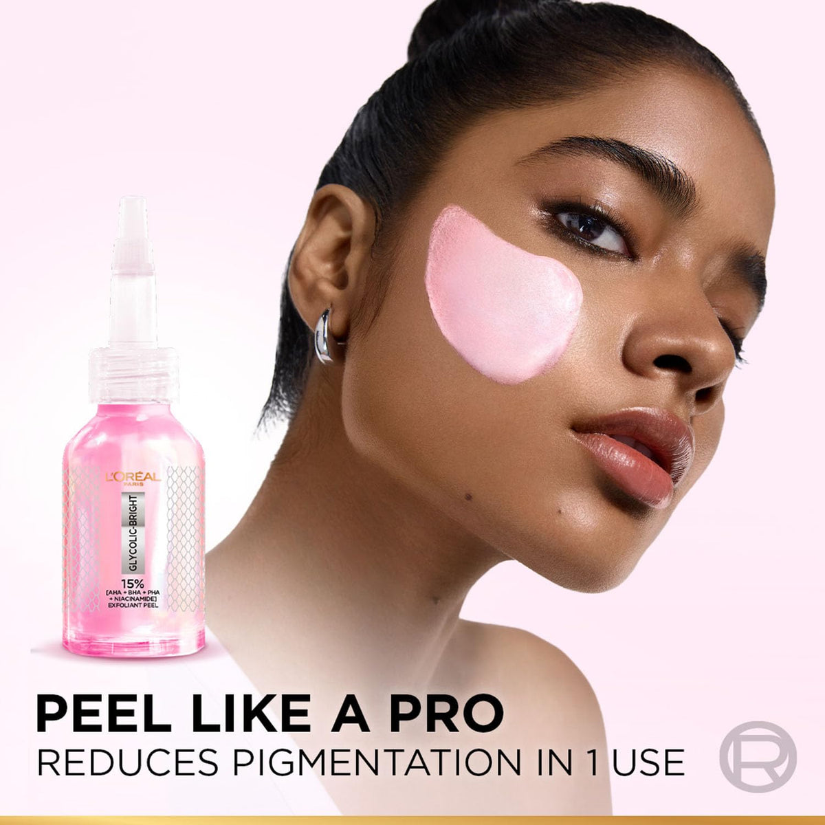 Woman with pink skincare product on face and bottle next to her, with text 'Peel Like a Pro' and 'Reduces Pigmentation in 1 Use'.