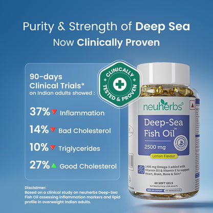 Neuherbs Deep Sea Omega 3 Fish Oil - Omega 3 Supplement Triple Strength 2500 Mg (Essential Fatty Acid Combination of 1486 mg 892 mg EPA 594 mg DHA/serving), Lemon Flavour- 60 Softgel