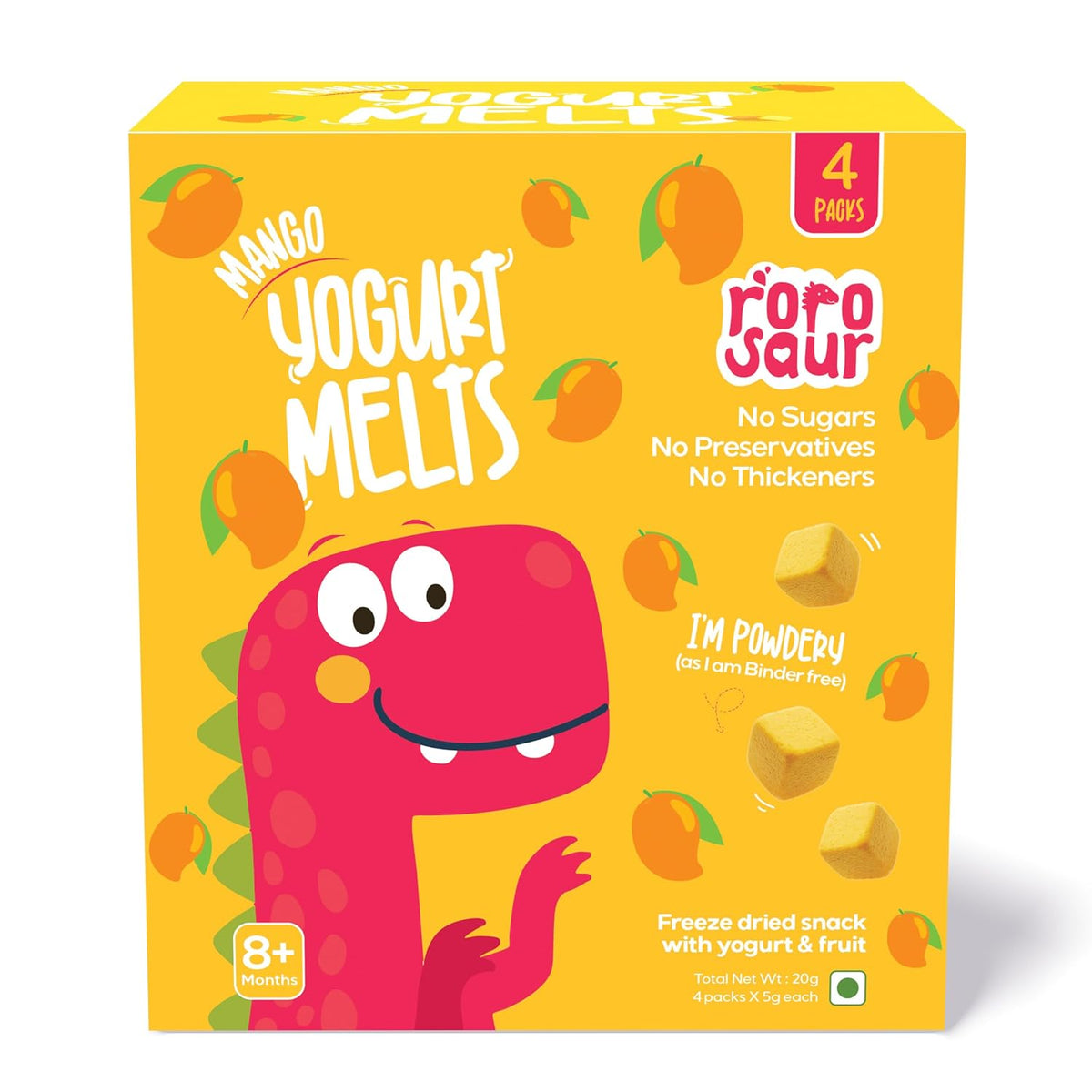 Rorosaur Baby Snacks - Melts with Yogurt and Fruit & Veggie for 8+ Months | 4 packs of Mango Melts | Finger Food for Toddlers | No Sugars, No Preservatives, No Binders | 5g each