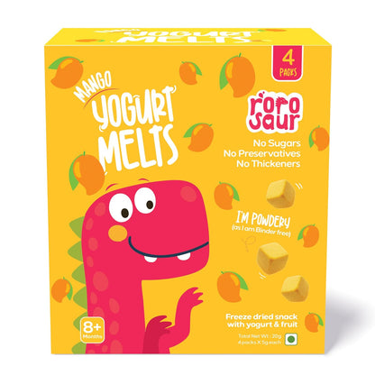 Rorosaur Baby Snacks - Melts with Yogurt and Fruit & Veggie for 8+ Months | 4 packs of Mango Melts | Finger Food for Toddlers | No Sugars, No Preservatives, No Binders | 5g each