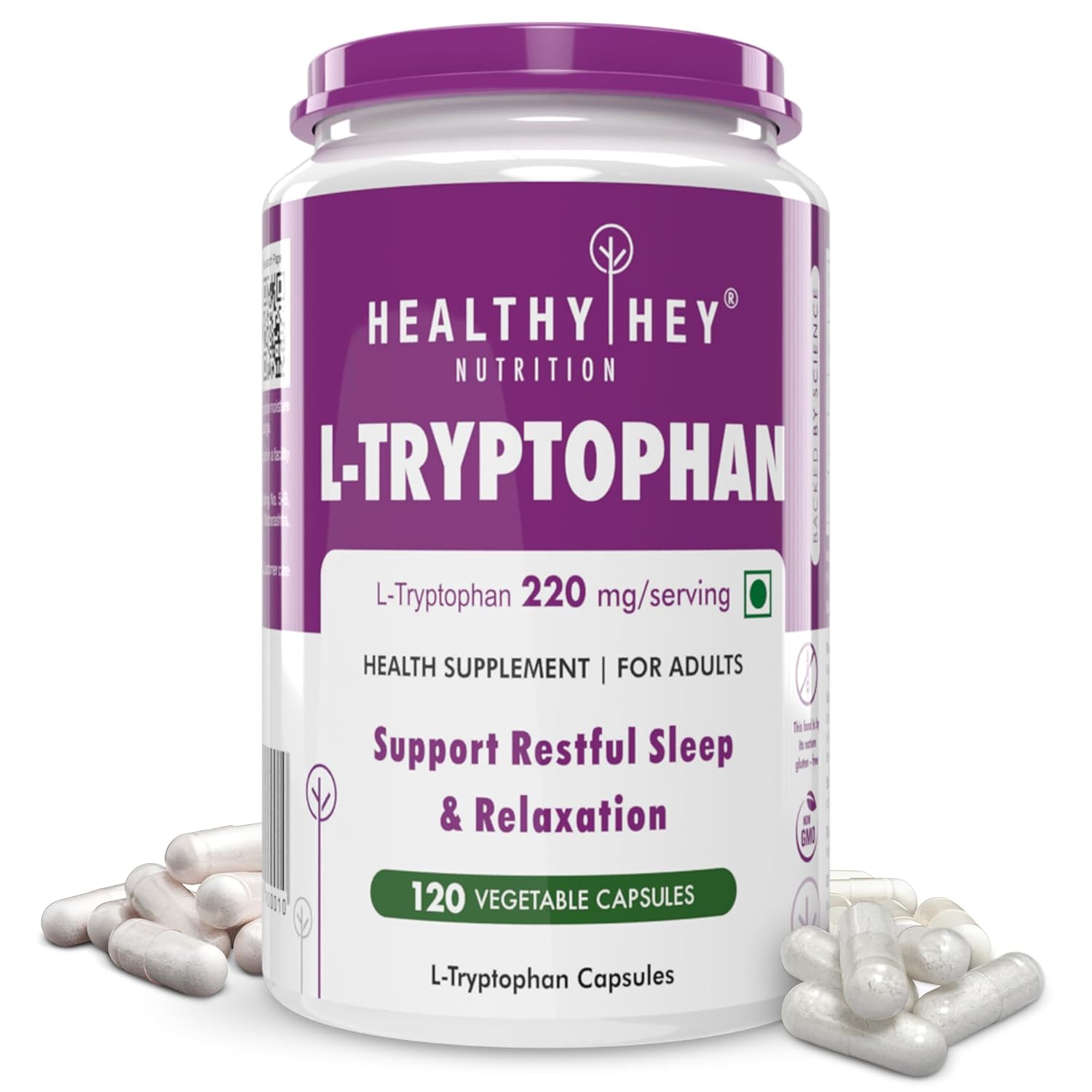 L-Tryptophan supplement container with purple and white label on a white background