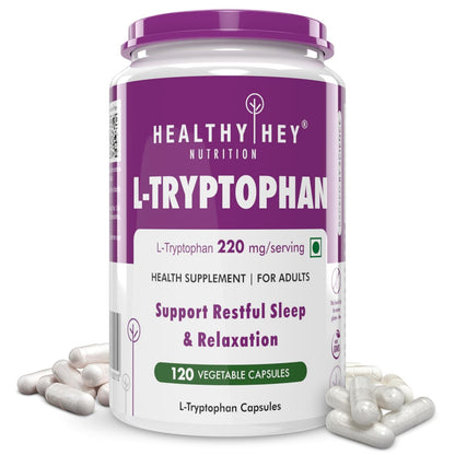 L-Tryptophan supplement container with purple and white label on a white background
