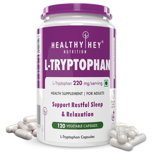 L-Tryptophan supplement container with purple and white label on a white background