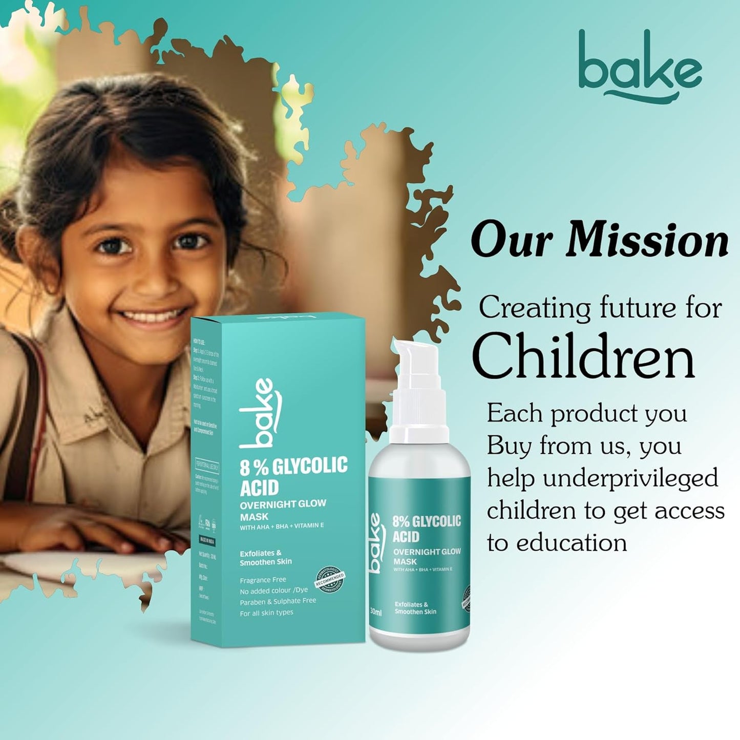 BAKE 8% Glycolic Acid Serum with AHA BHA & Lactic Acid | Improve Uneven Skin Tone, Pigmentation Solution, Unclogs Pores, Reduces Blackheads | Overnight Peeling Serum | For Women & Men | 30ml