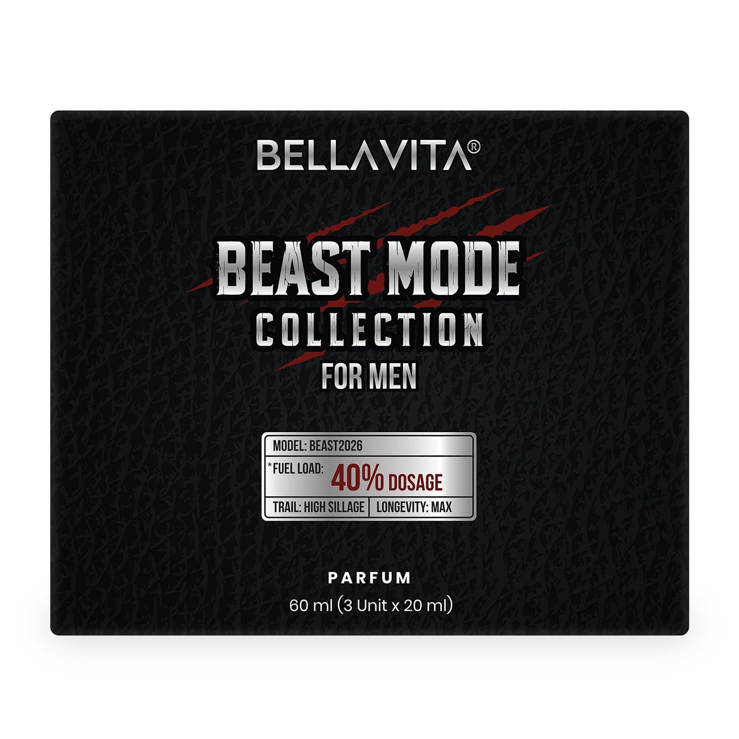 Bellavita Beast Mode Collection for men perfume packaging on a white background