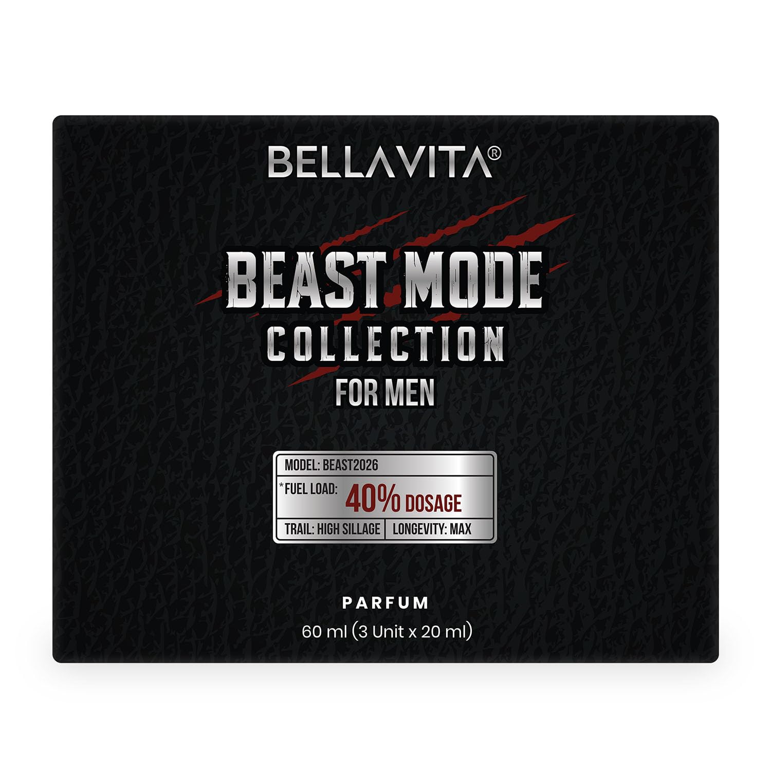 Bellavita Beast Mode Collection for men perfume packaging on a white background