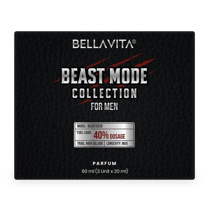 Bellavita Beast Mode Collection for men perfume packaging on a white background