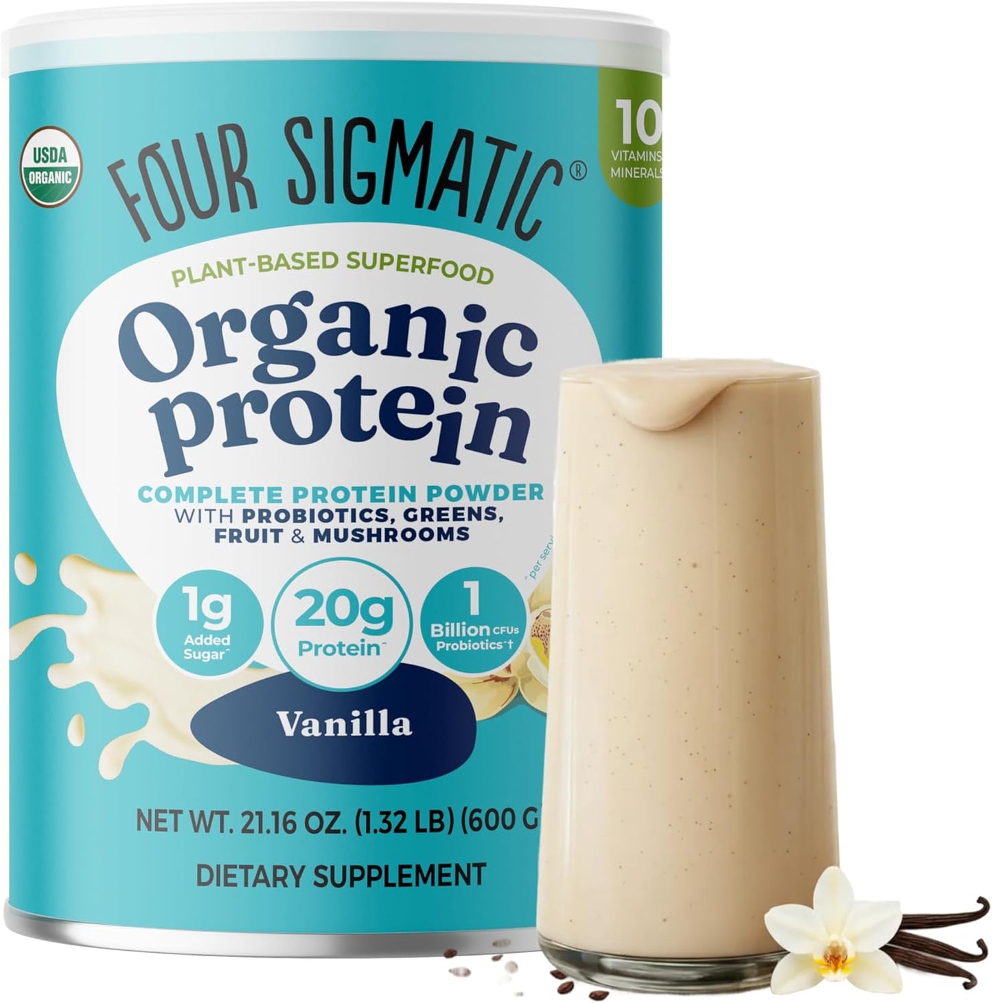 Four Sigmatic Organic Protein powder can with a glass of vanilla protein shake on a white background